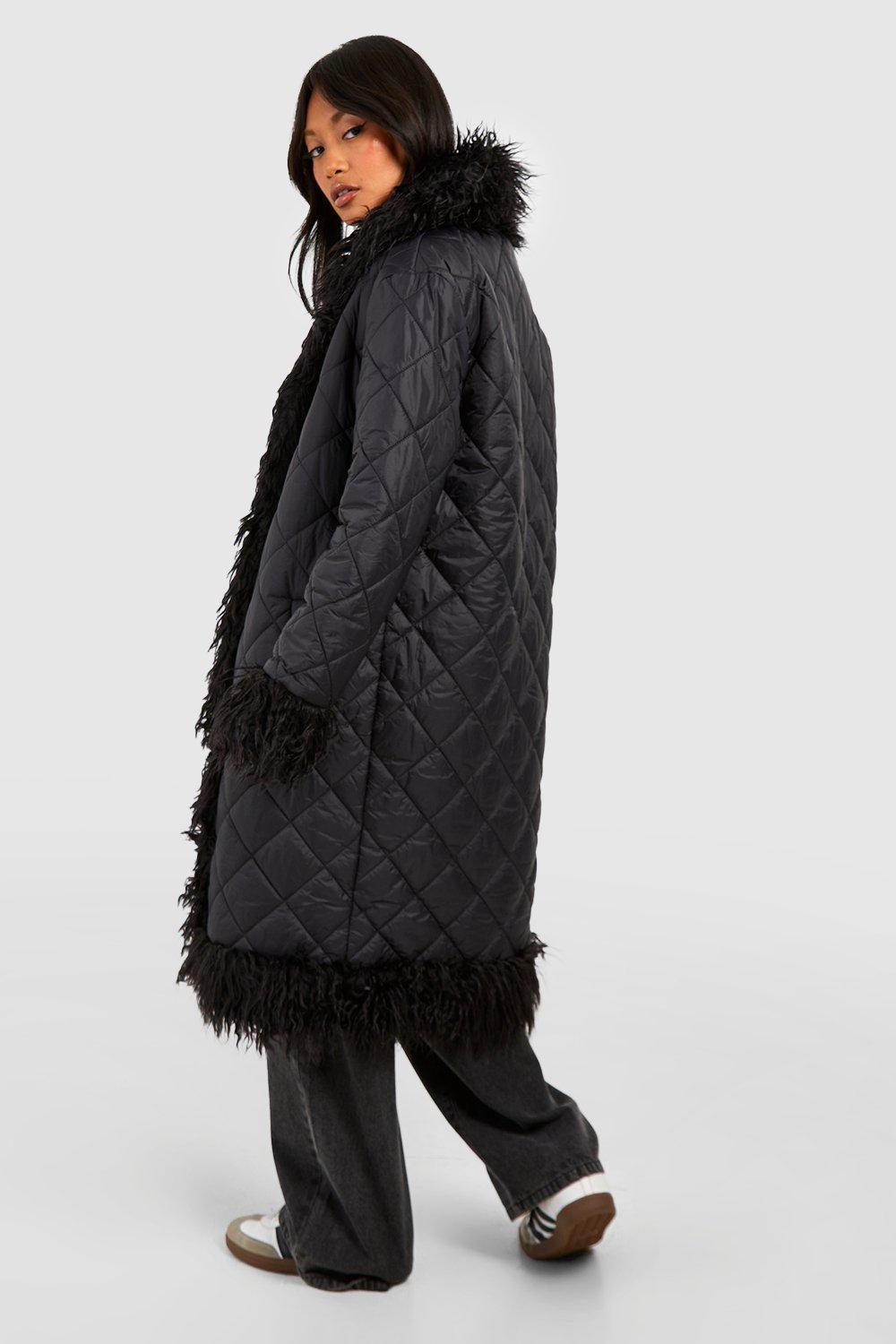 Black Faux Fur Trim Luxe Longline Padded Coat