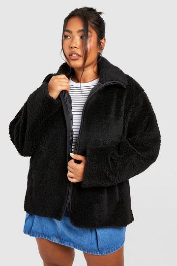 Black Plus Zip Detail Faux Fur Teddy Jacket