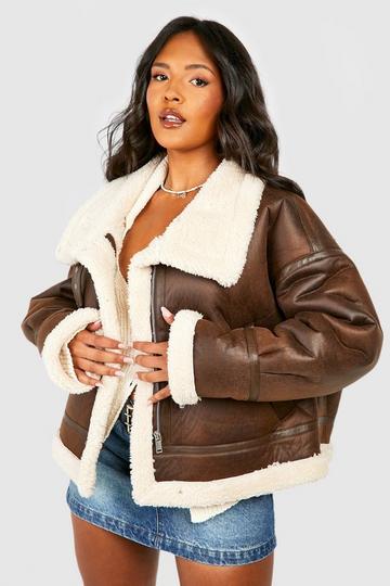 Brown Plus Teddy Trim Aviator Jacket