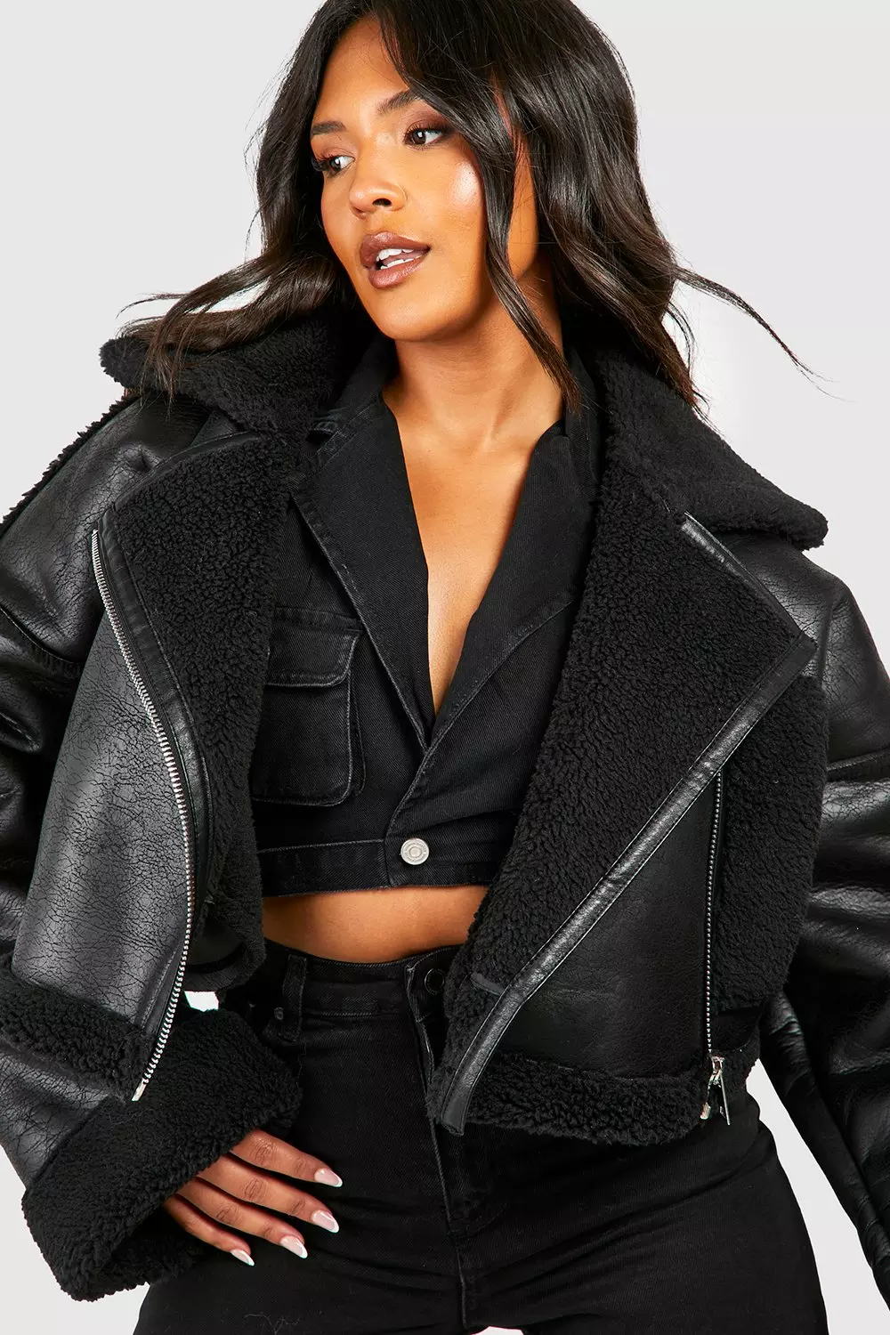 Cropped aviator jacket black best sale