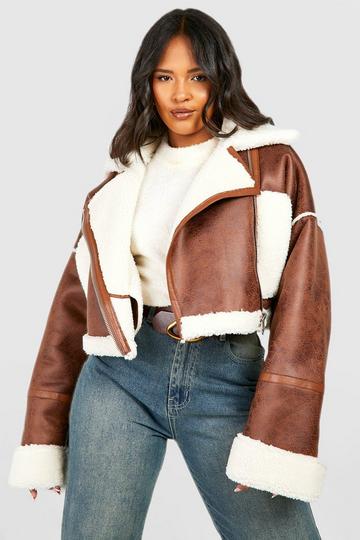 Brown Plus Teddy Trim Cropped Aviator Jacket