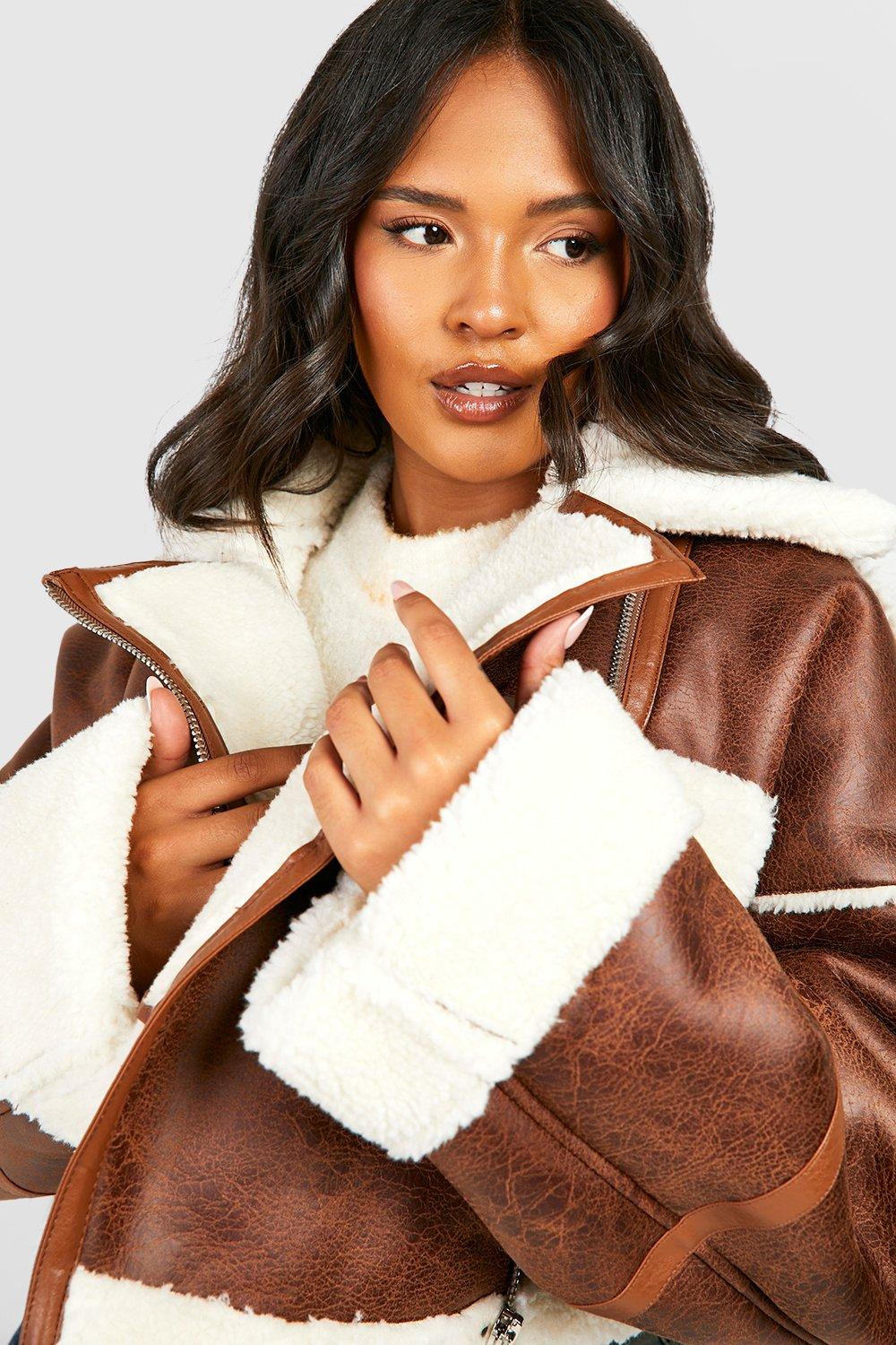 Tan Faux Shearling Trim Cropped Aviator Jacket