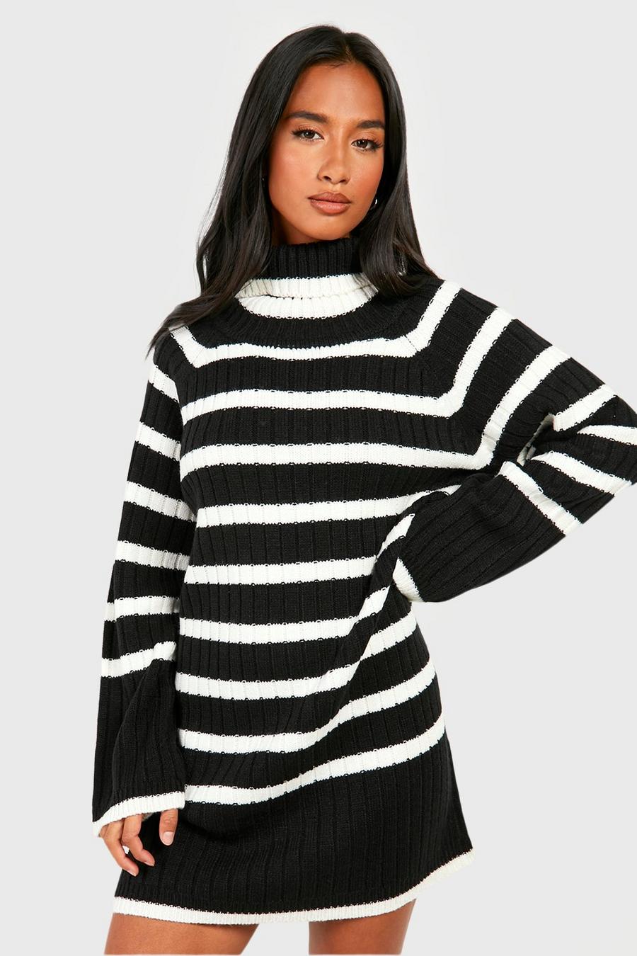 Petite gestreiftes Rollkragen-Pulloverkleid mit breiten Streifen, Black
