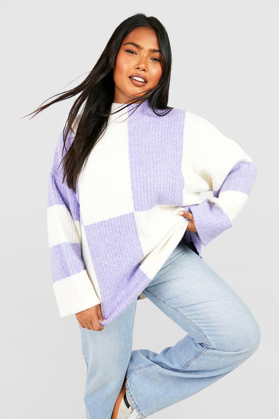 Lilac Plus Stickad tröja med blockfärger och hög hals image number 1
