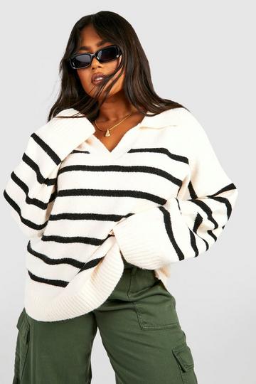 Plus Soft Knot Collar Stripe Sweater ecru