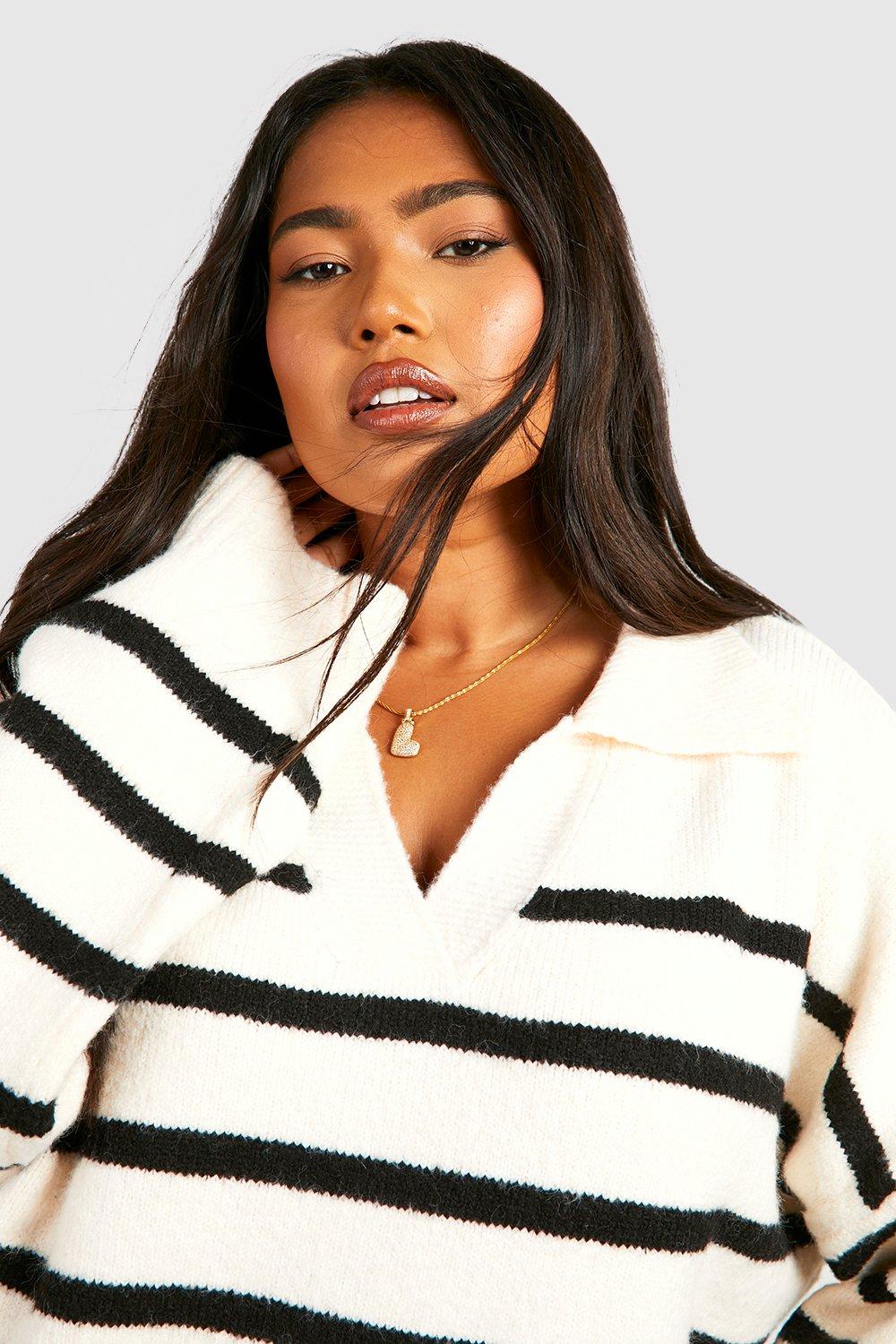 Women's Plus Soft Knot Collar Stripe Jumper | Boohoo UK