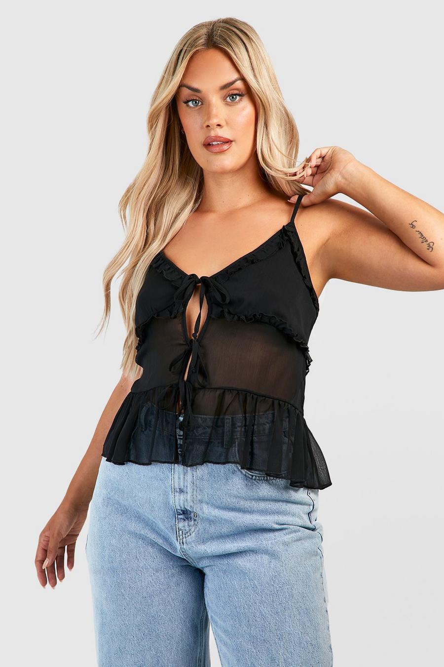 Black Plus Tie Front  Ruffle Cami Top image number 1