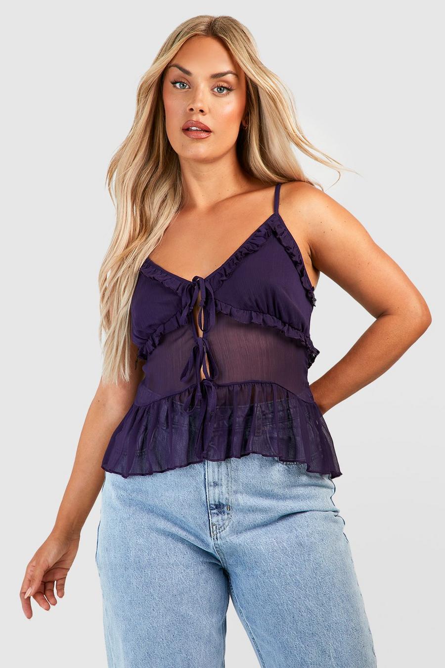 Purple Plus Tie Front  Ruffle Cami Top image number 1
