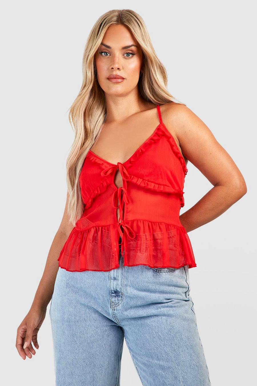 Red Plus Tie Front Ruffle Camisole