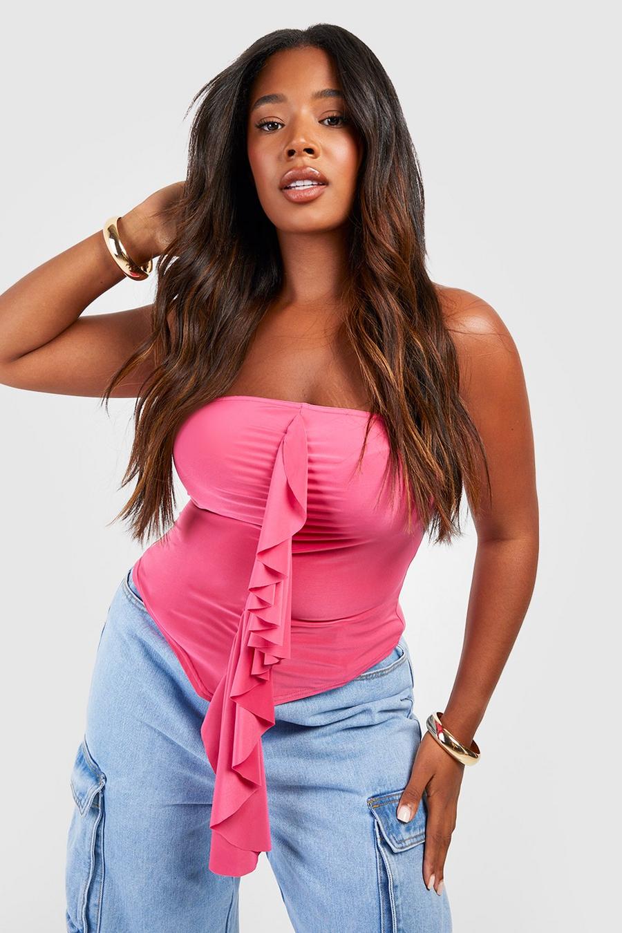 Hot pink Plus Bandeau Ruched Ruffle Top