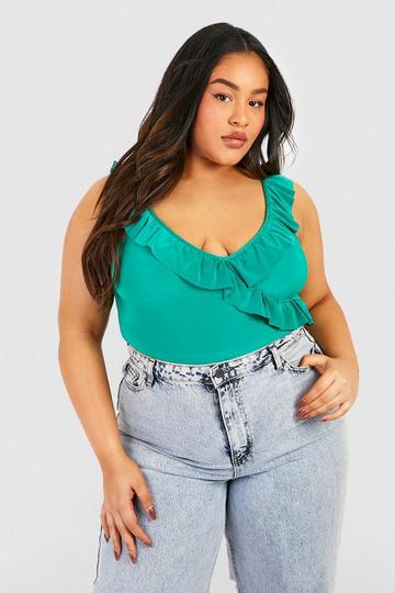 Green Plus One Shoulder Ruffle Bodysuit