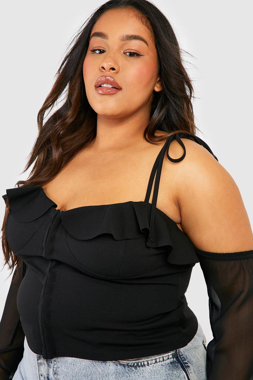 Plus Tie Shoulder Ruffle Corset Top boohoo