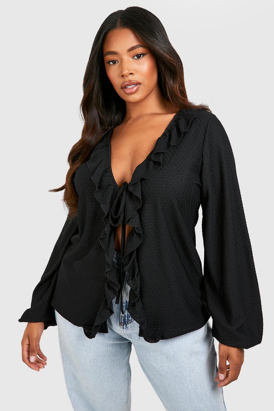 Black Plus Textured Tie Front Frill Top image number 1