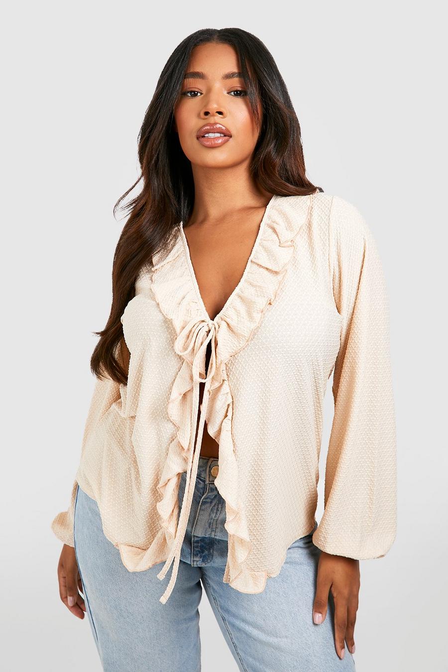Plus Textured Tie Front Frill Top