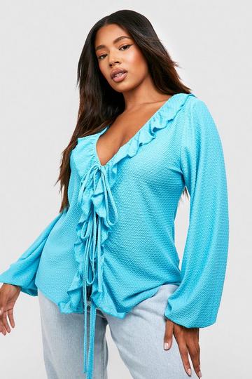 Turquoise Blue Plus Textured Tie Front Frill Top