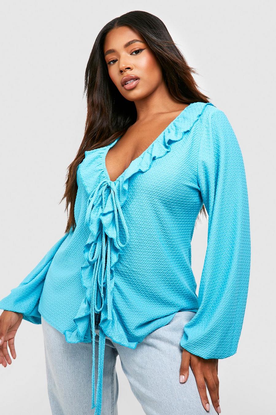 Turquoise Plus Textured Tie Front Frill Top image number 1