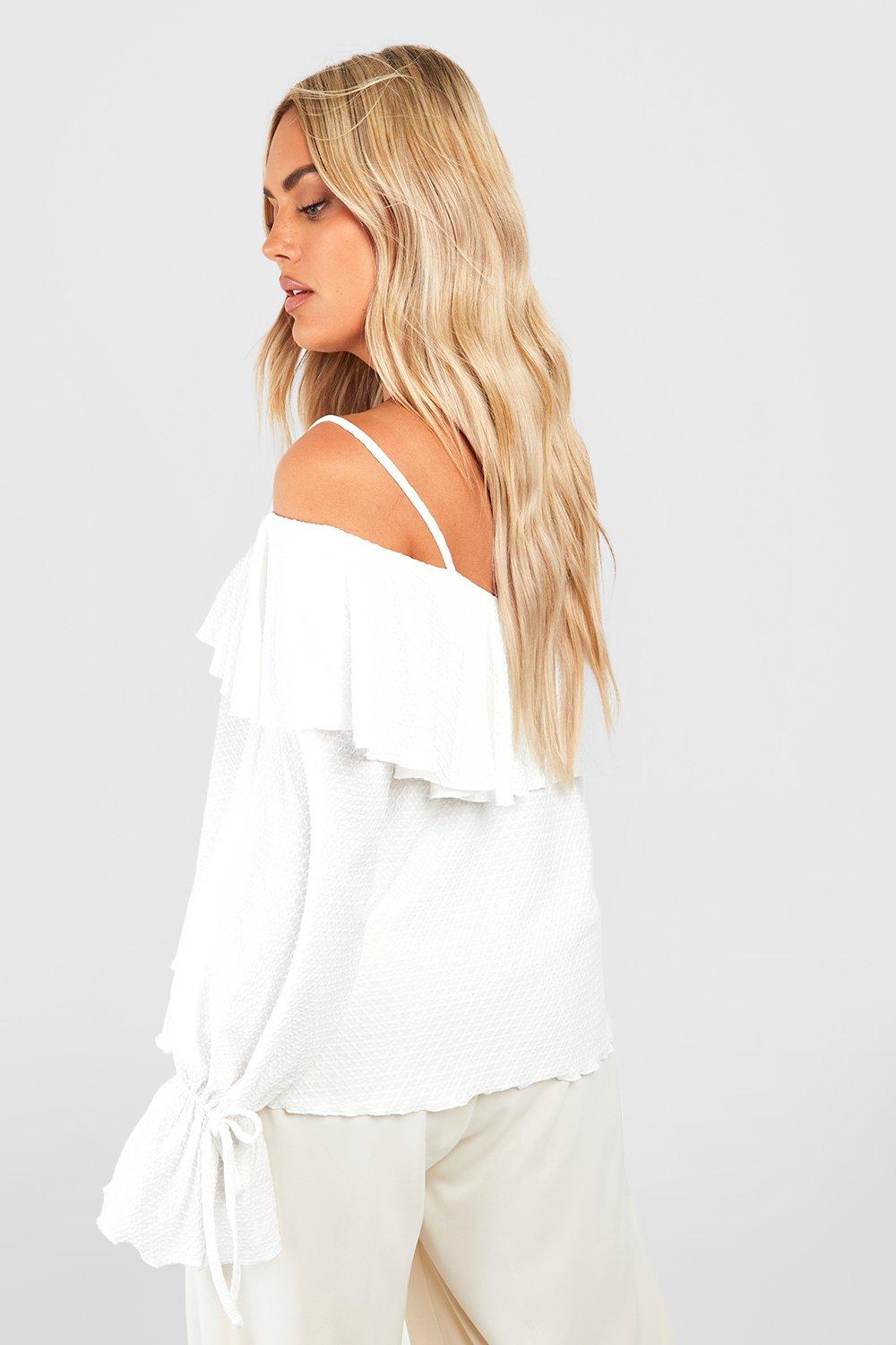 White Plus Textured Ruffle Front Cold Shoulder Top