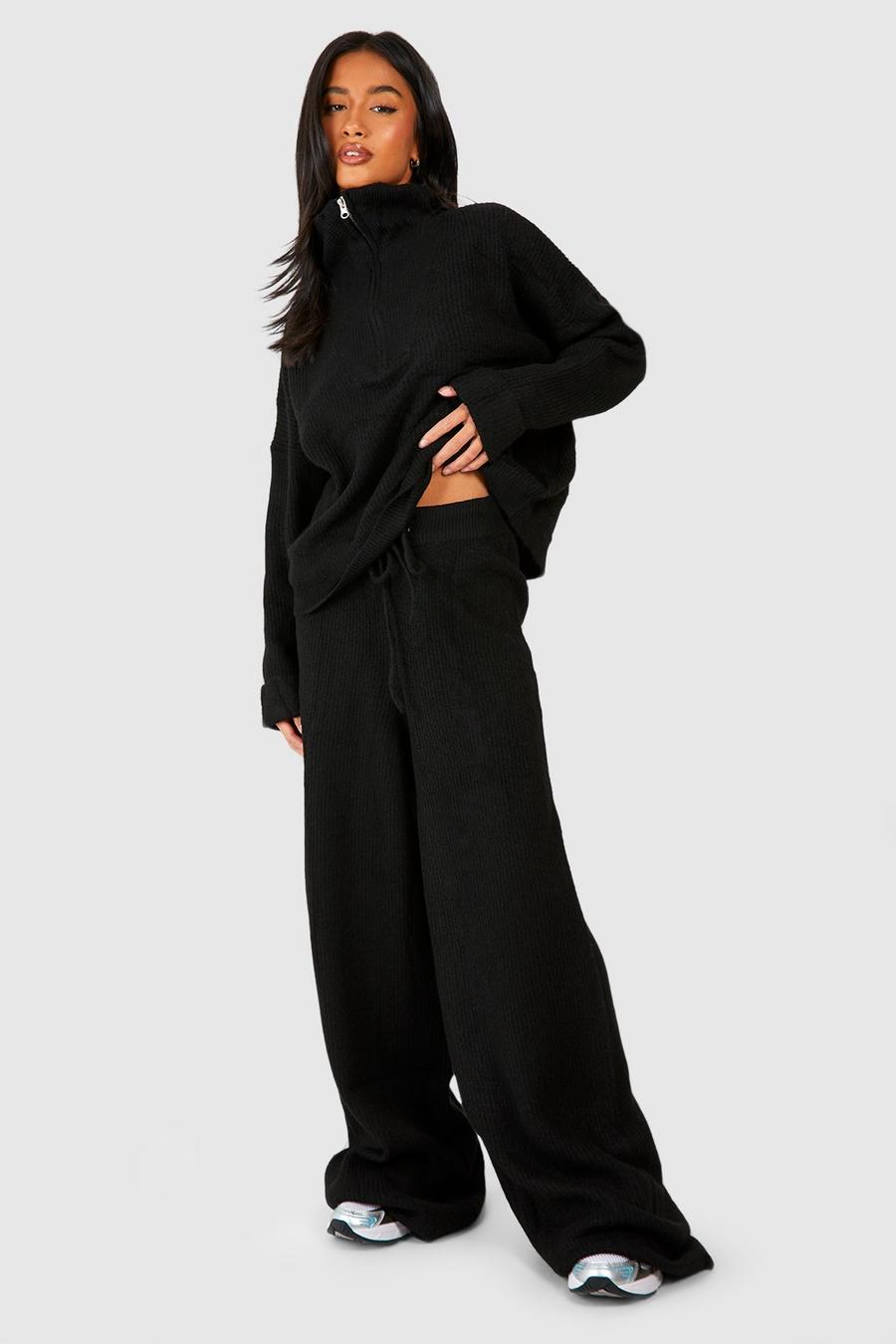 Black Petite Half Zip Funnel Neck And Wide Leg Pants Knitted Set