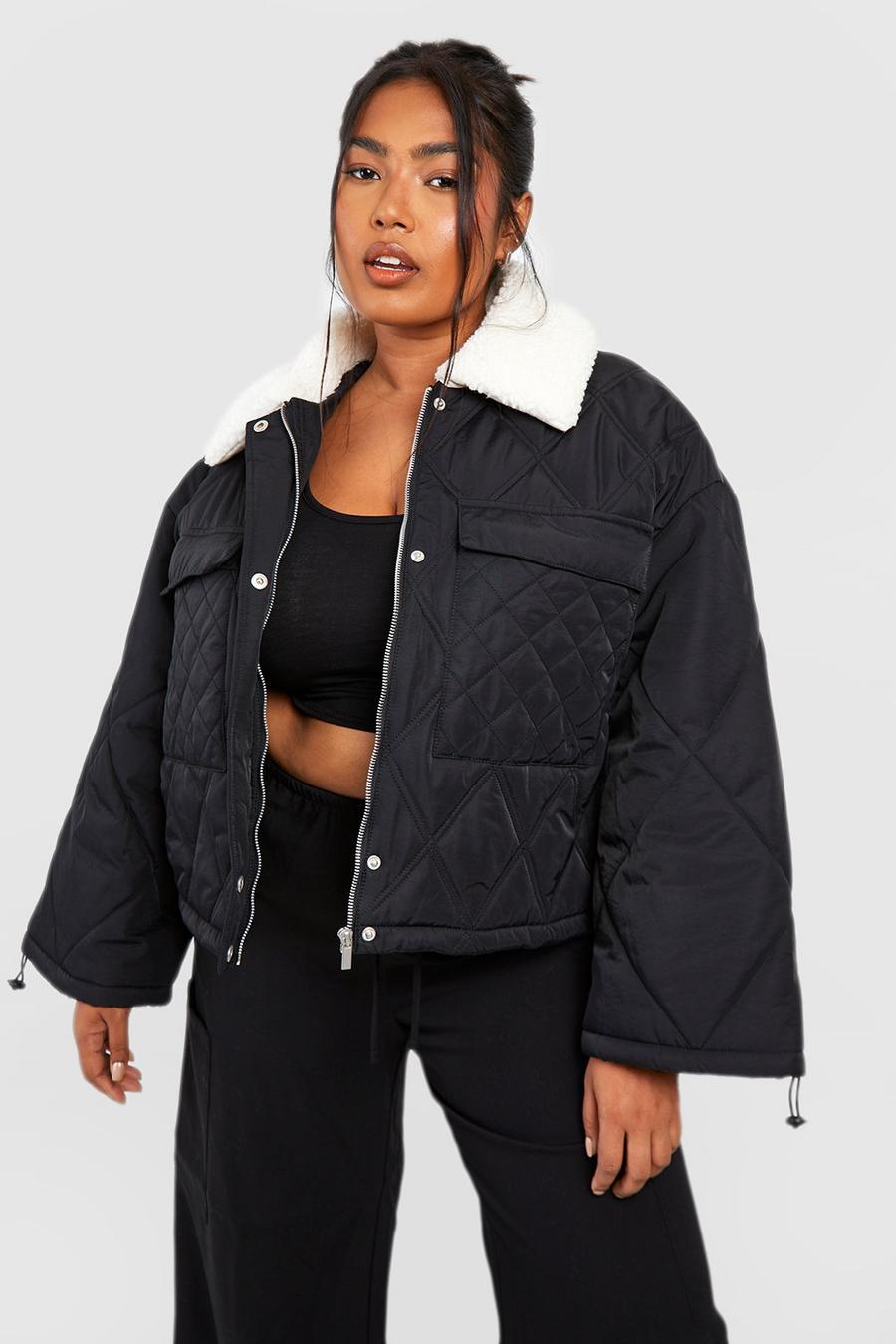 Black Plus Teddy Collar Quilted Puffer Jacket image number 1