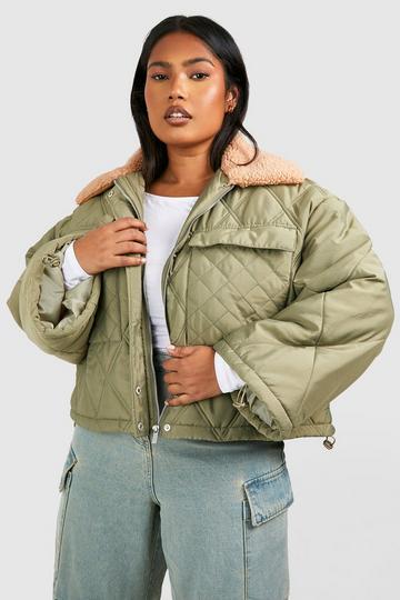 Plus Teddy Collar Quilted Puffer Jacket khaki