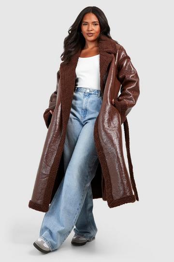 Chocolate Brown Plus Teddy Trim Vinyl Belted Coat