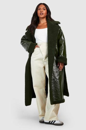 Green Plus Teddy Trim Vinyl Belted Coat