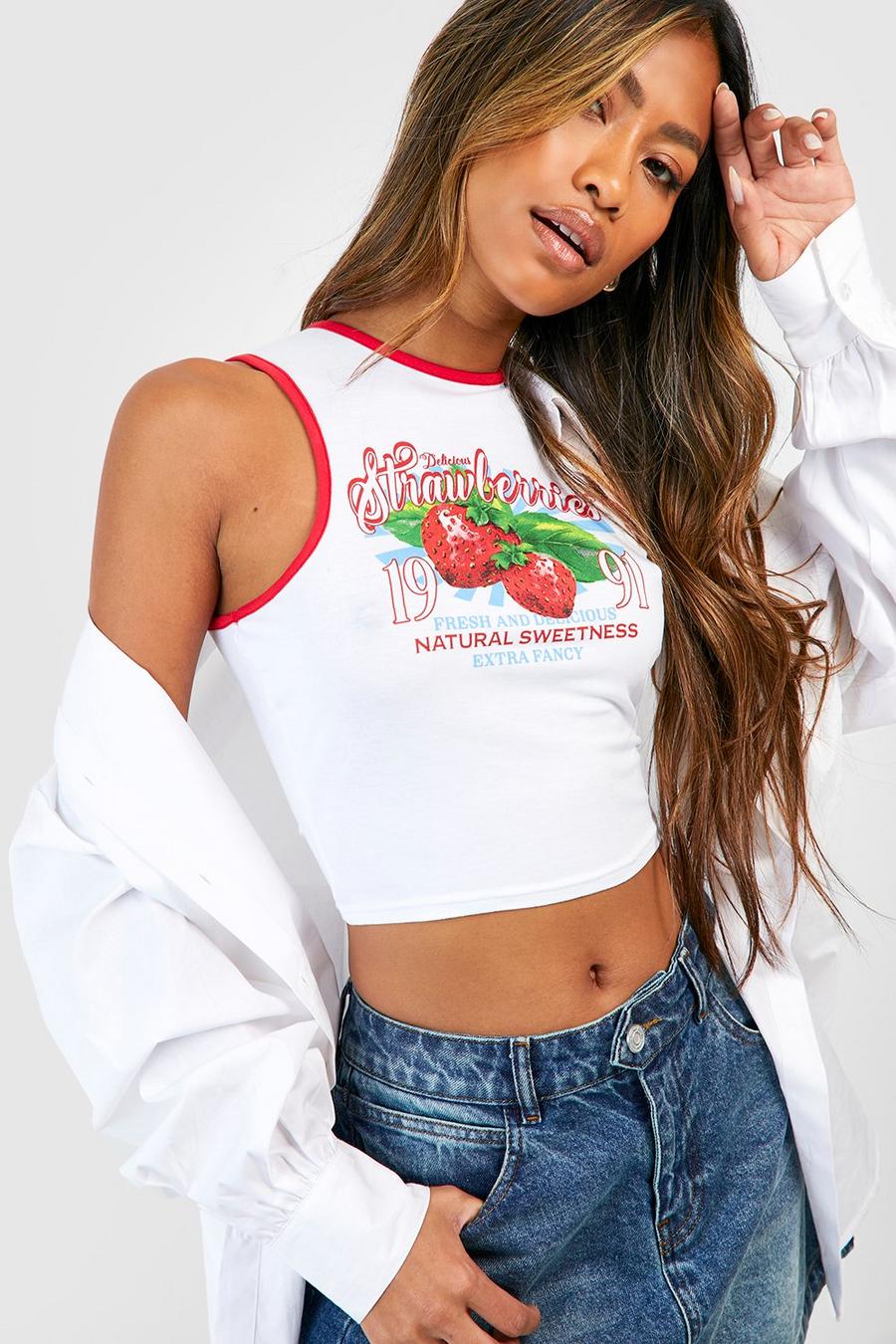 White Strawberry Print Crop Ringer Vest image number 1