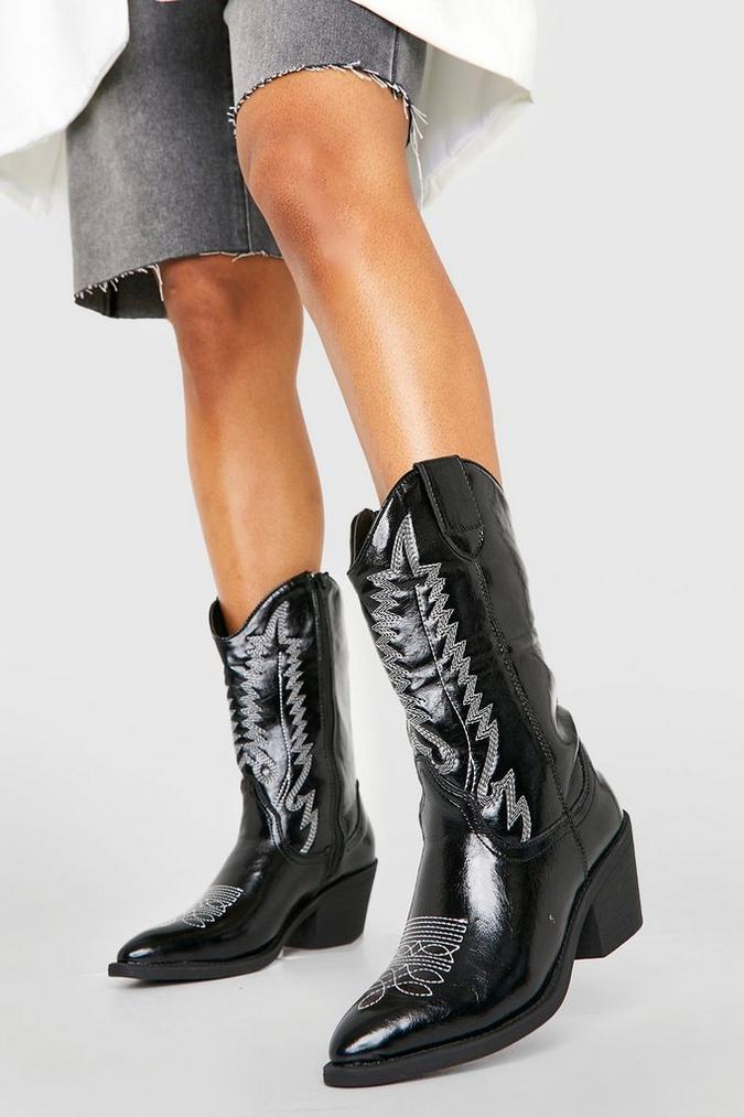 CONTRAST STITCH FAUX LEATHER WESTERN COWBOY BOOTS BOOHOO