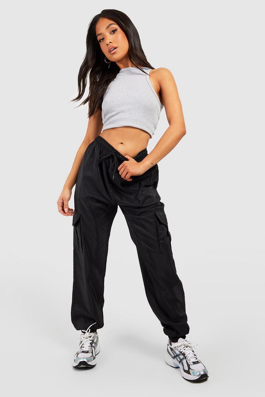Black Petite Cuffed Parachute Shell Cargo Joggers image number 1