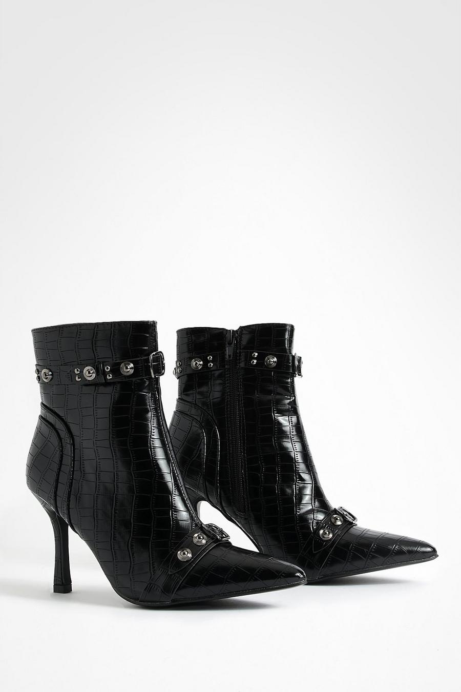 Black noir Croc Studded Ankle Boots