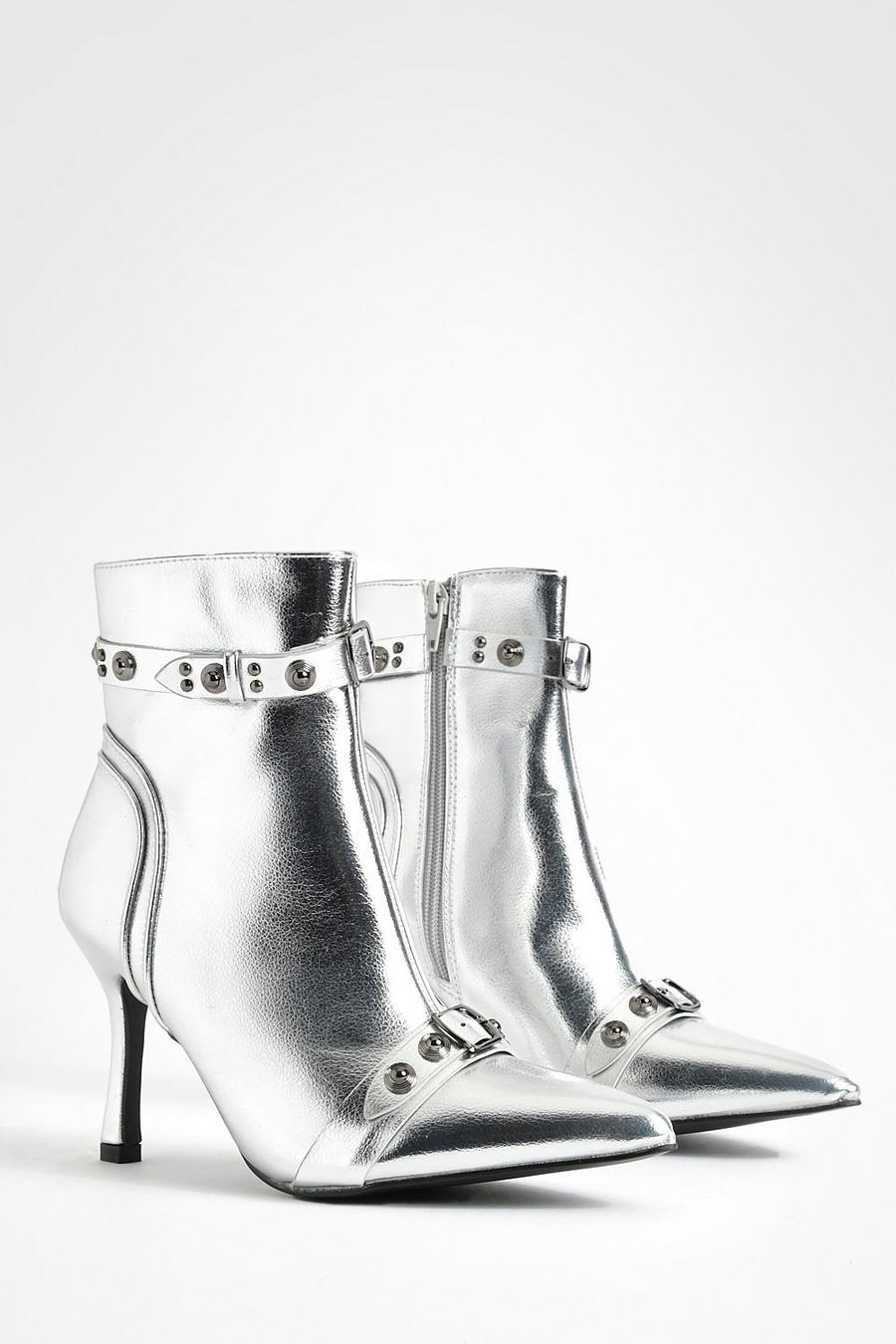 Silver Metallic Studded Ankle Boots 