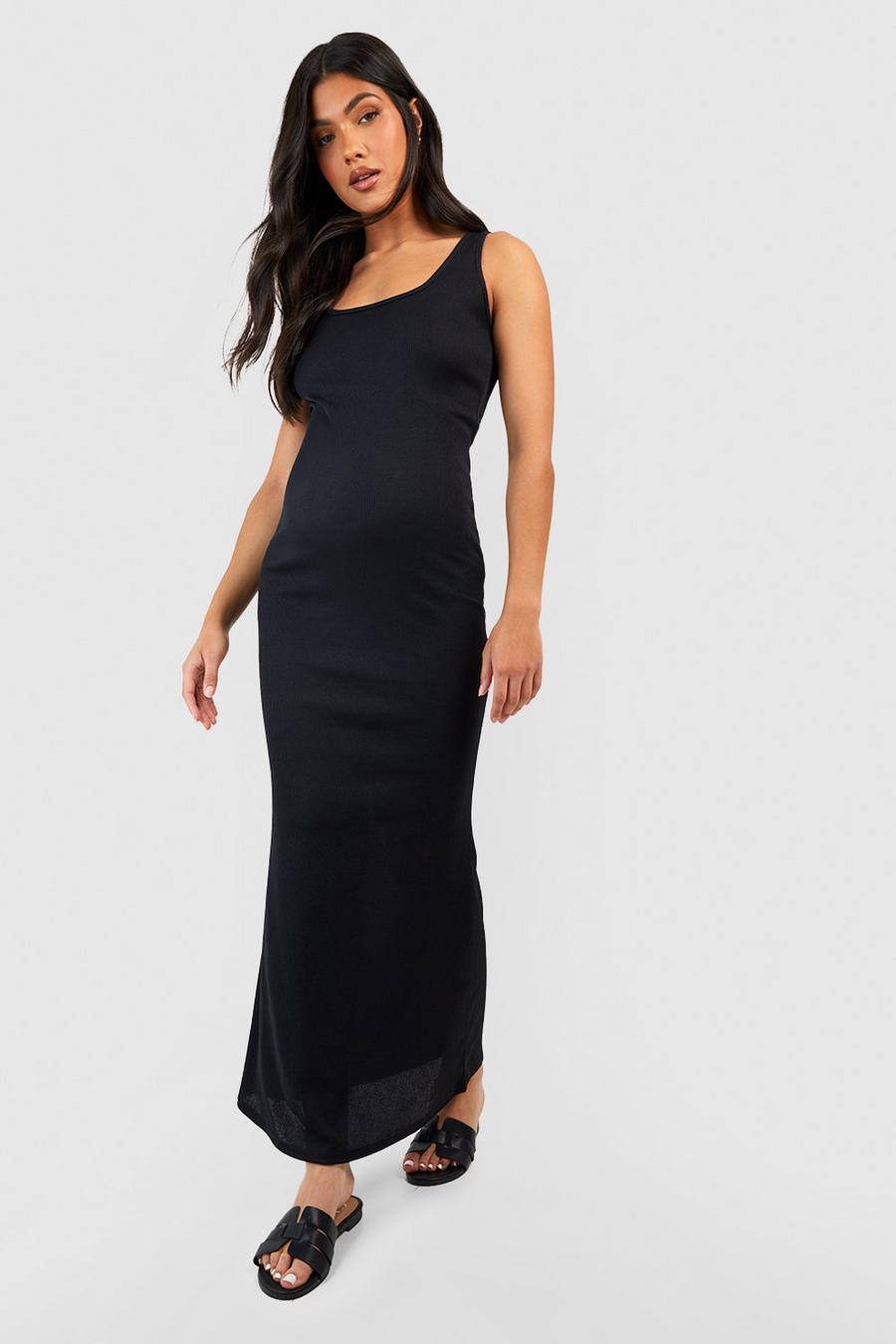 Vestido Premamá maxi de canalé con escote en U, Black