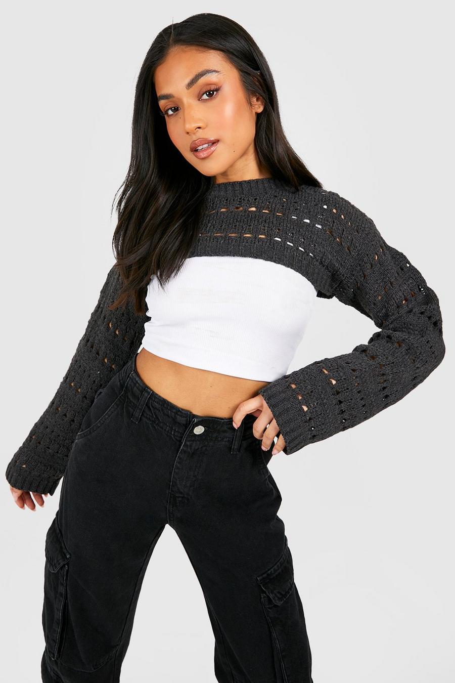 Charcoal Petite Wide Crochet Knitted Bolero image number 1