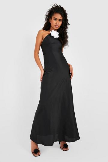 Contrast Flower Satin Slip Dress black