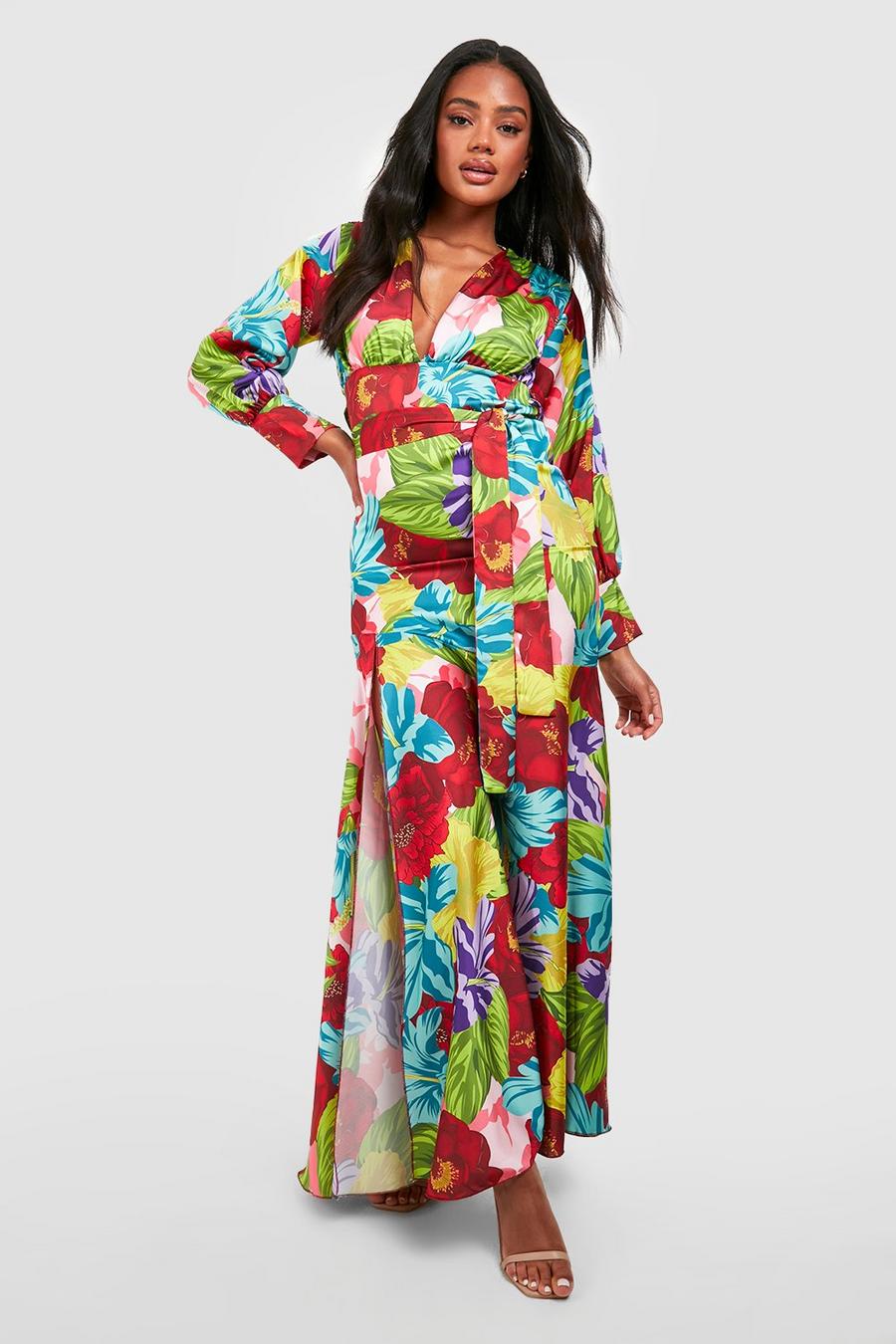 Multi Printed Satin Side Split Belted Maxi Dress image number 1