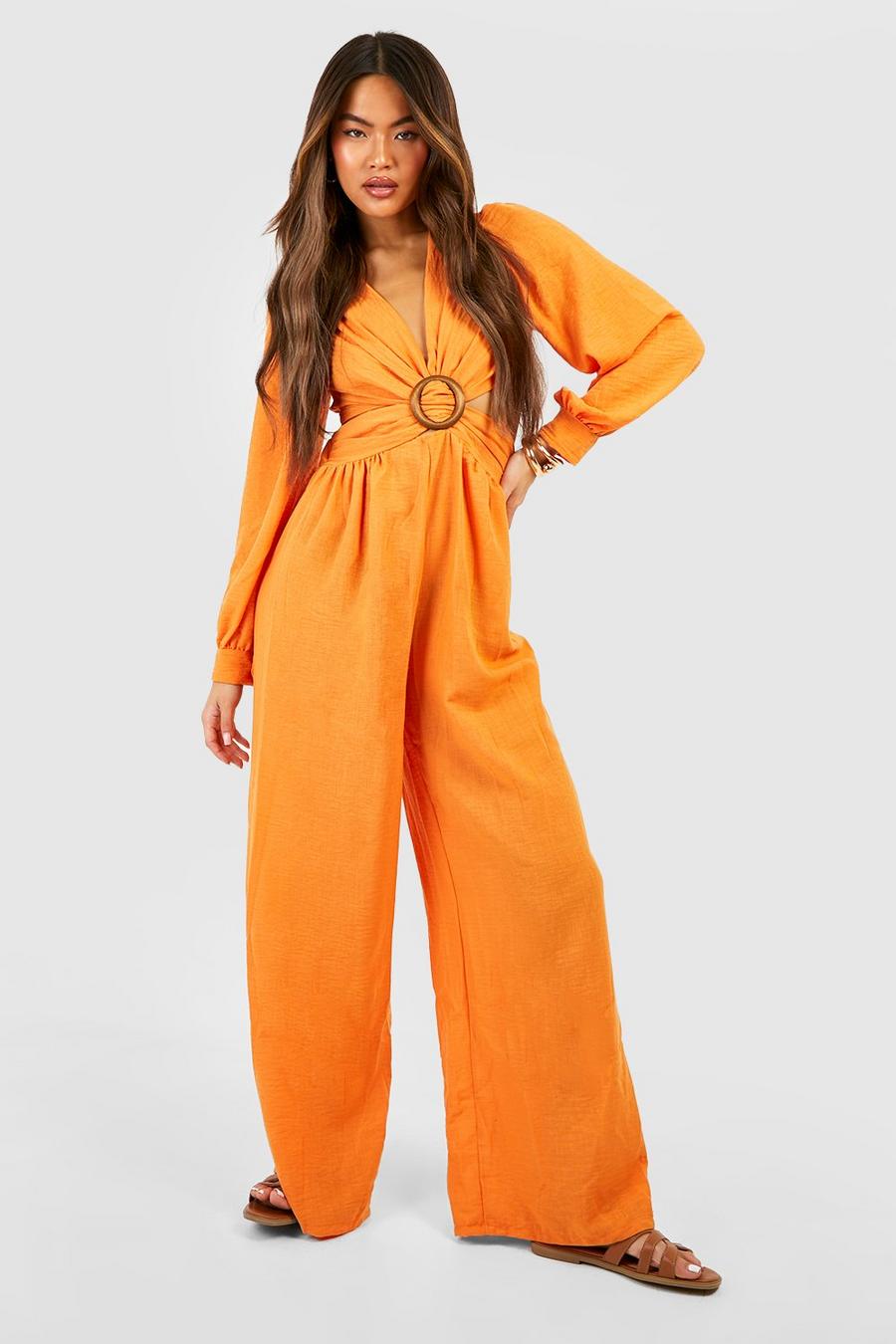 Orange Jumpsuit i linneimitation med cut-outs image number 1