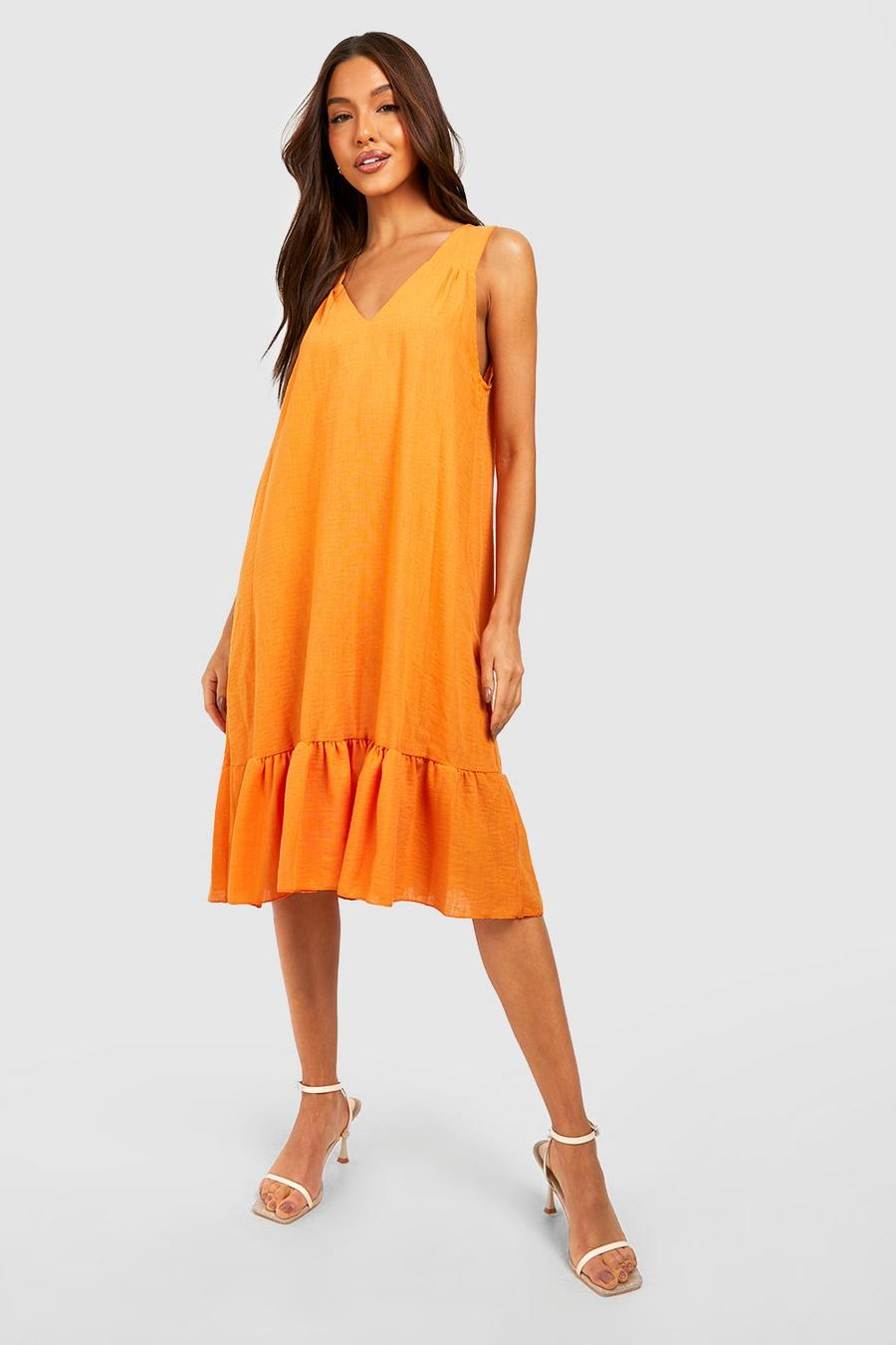 Orange Linen Look Ruffle Smock Dress