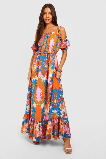 Printed Ruffle Strappy Midaxi Dress orange