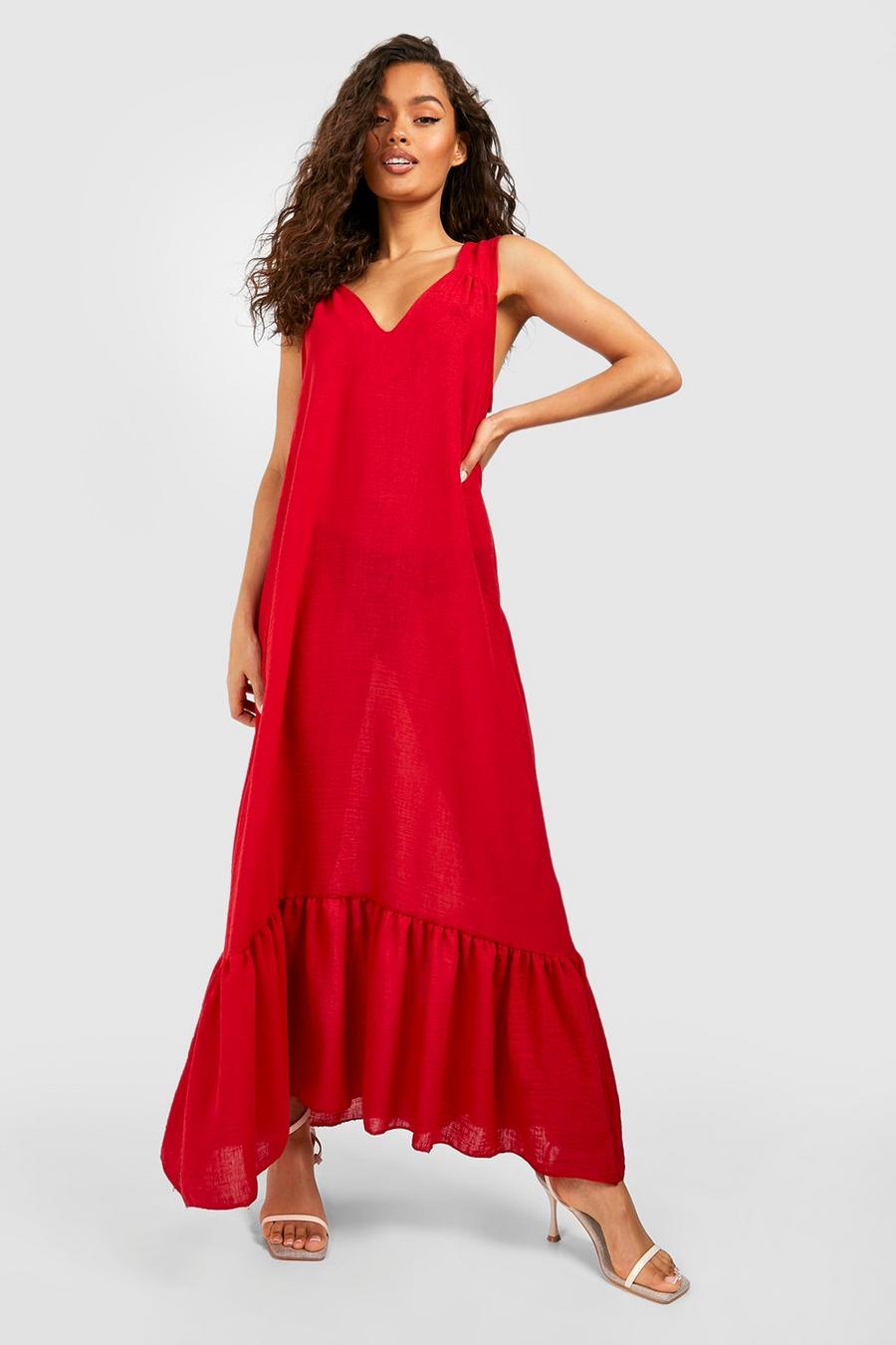 Red röd Linen Look Ruffle Strappy Maxi Dress
