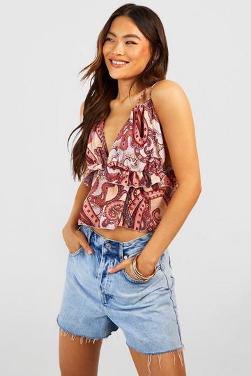 Printed Chiffon Ruffle Crop Top pink