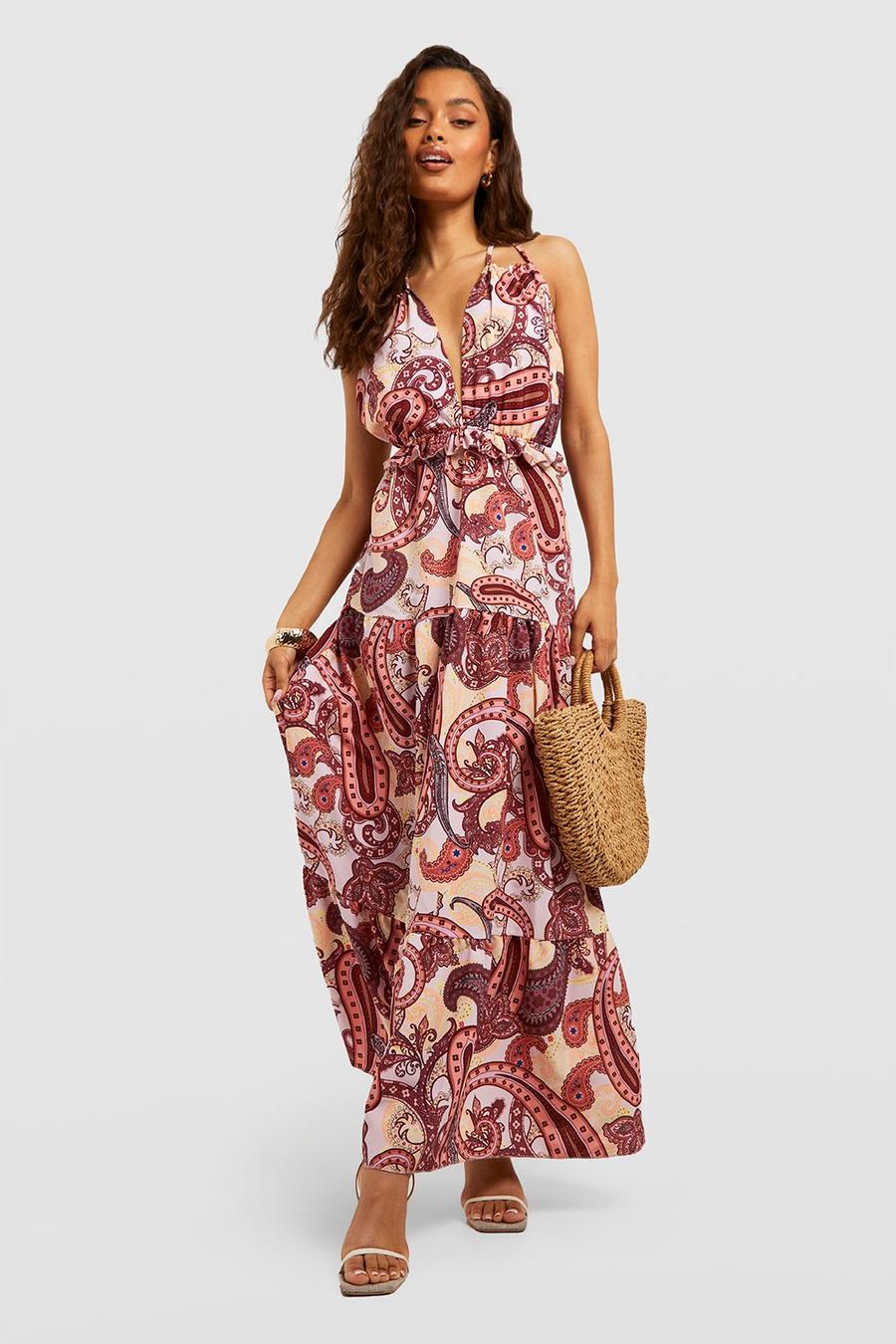 Terracotta Printed Ruffle Strappy Maxi Dreses image number 1