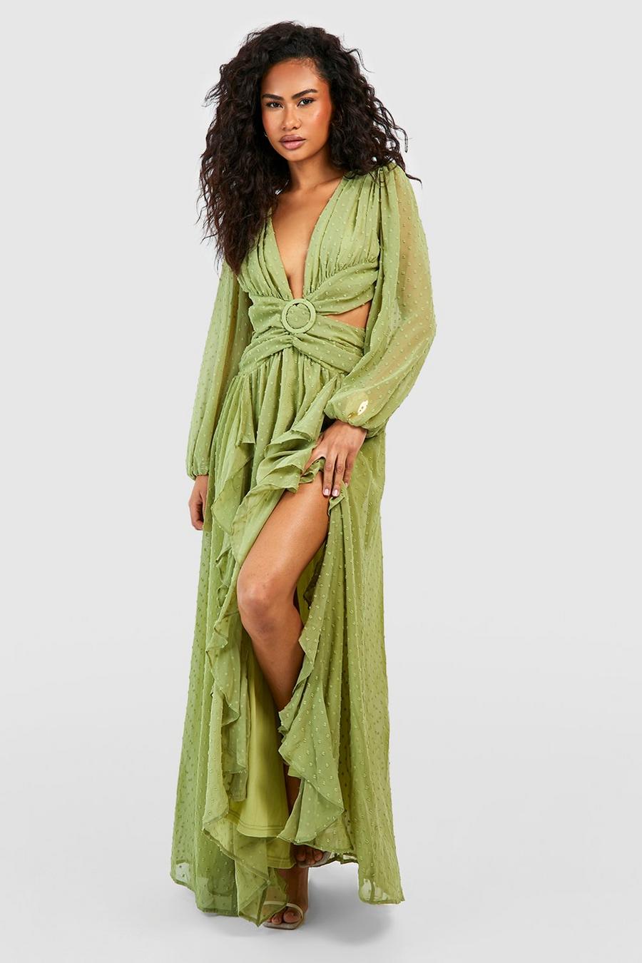 Lime green Dobby Chiffon Cut Out Maxi Dress image number 1