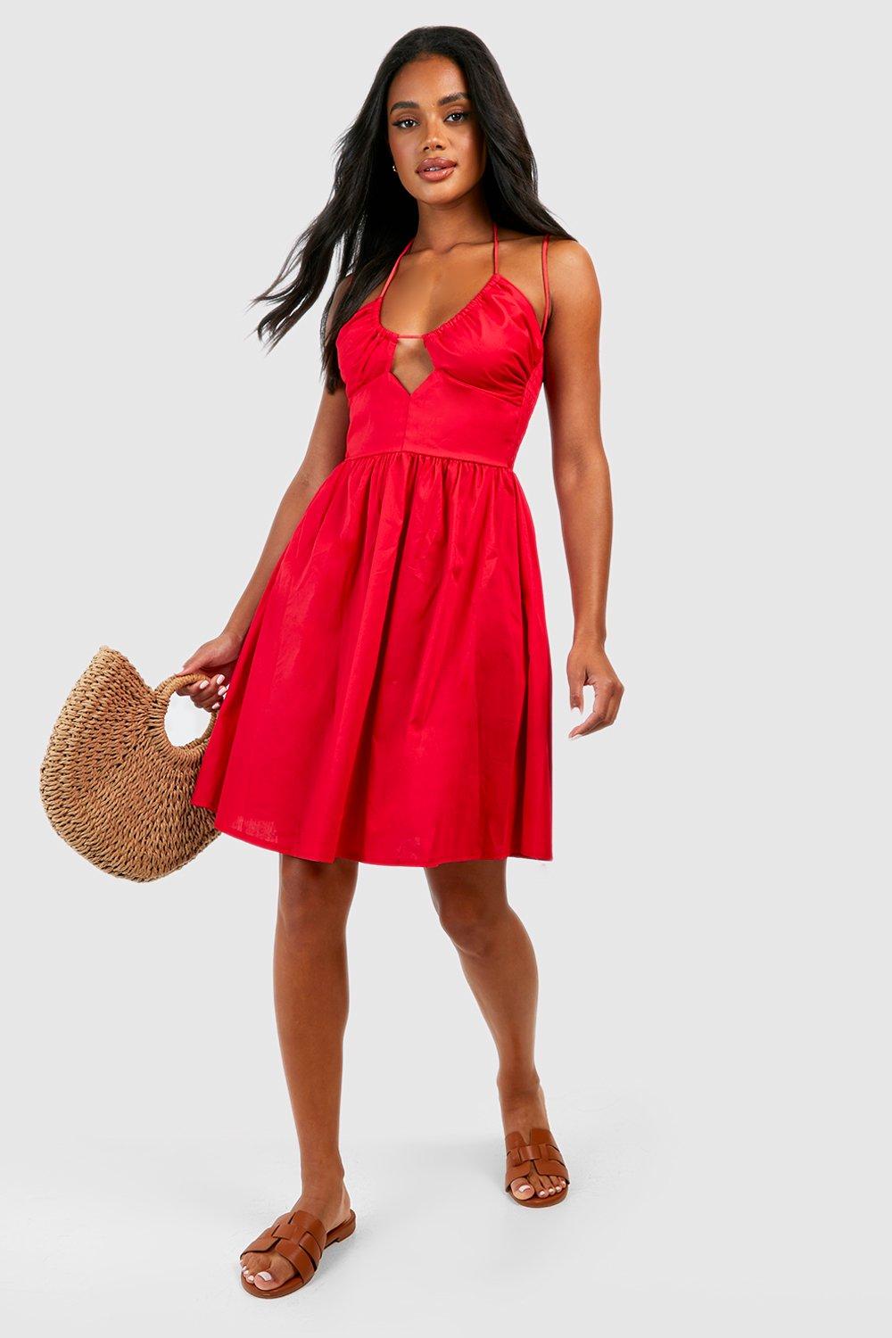 Missguided - Satin Plunge Structured Skater Dress Red