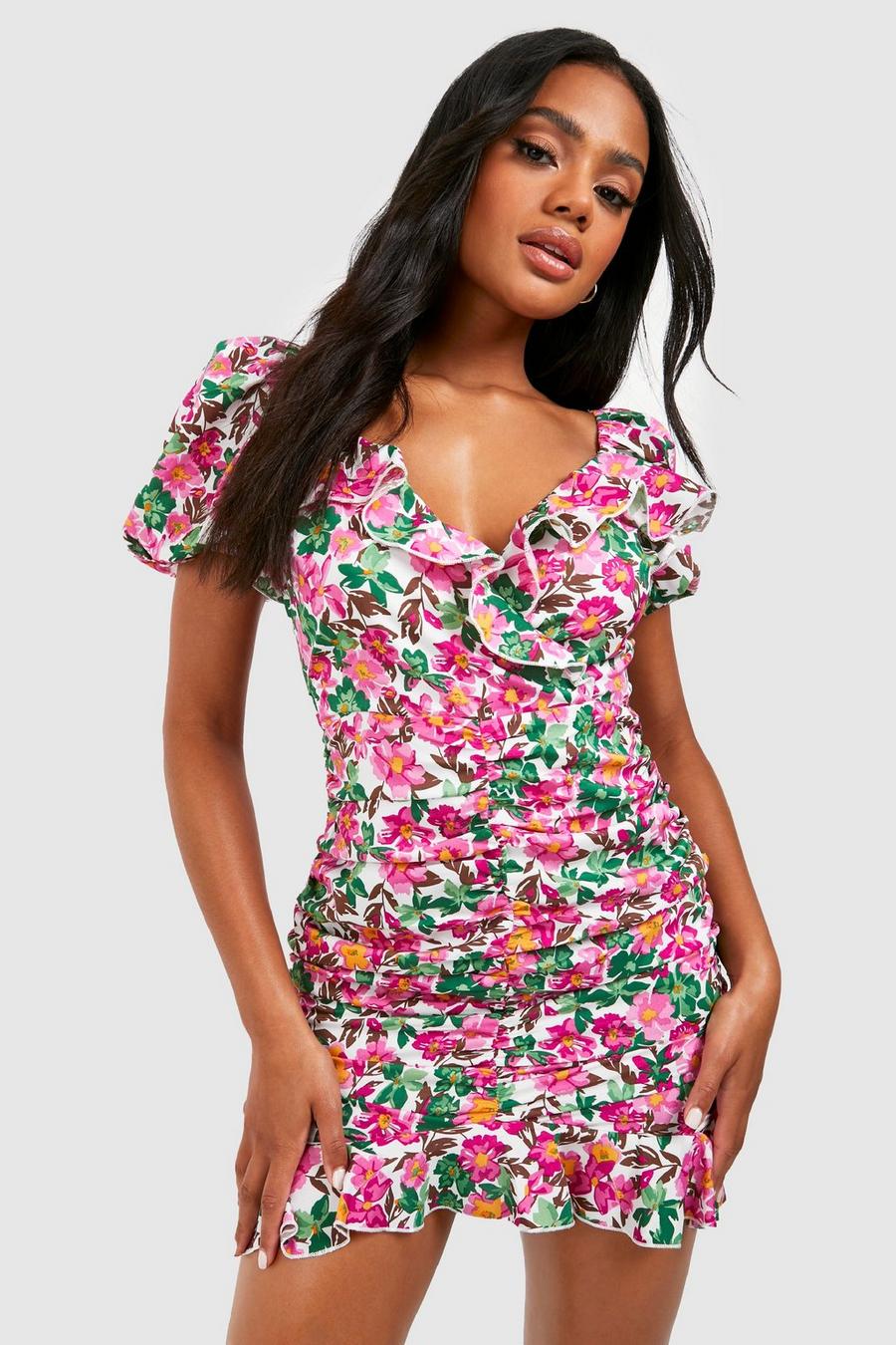 Pink Woven Floral Ruched Ruffle Sundress image number 1