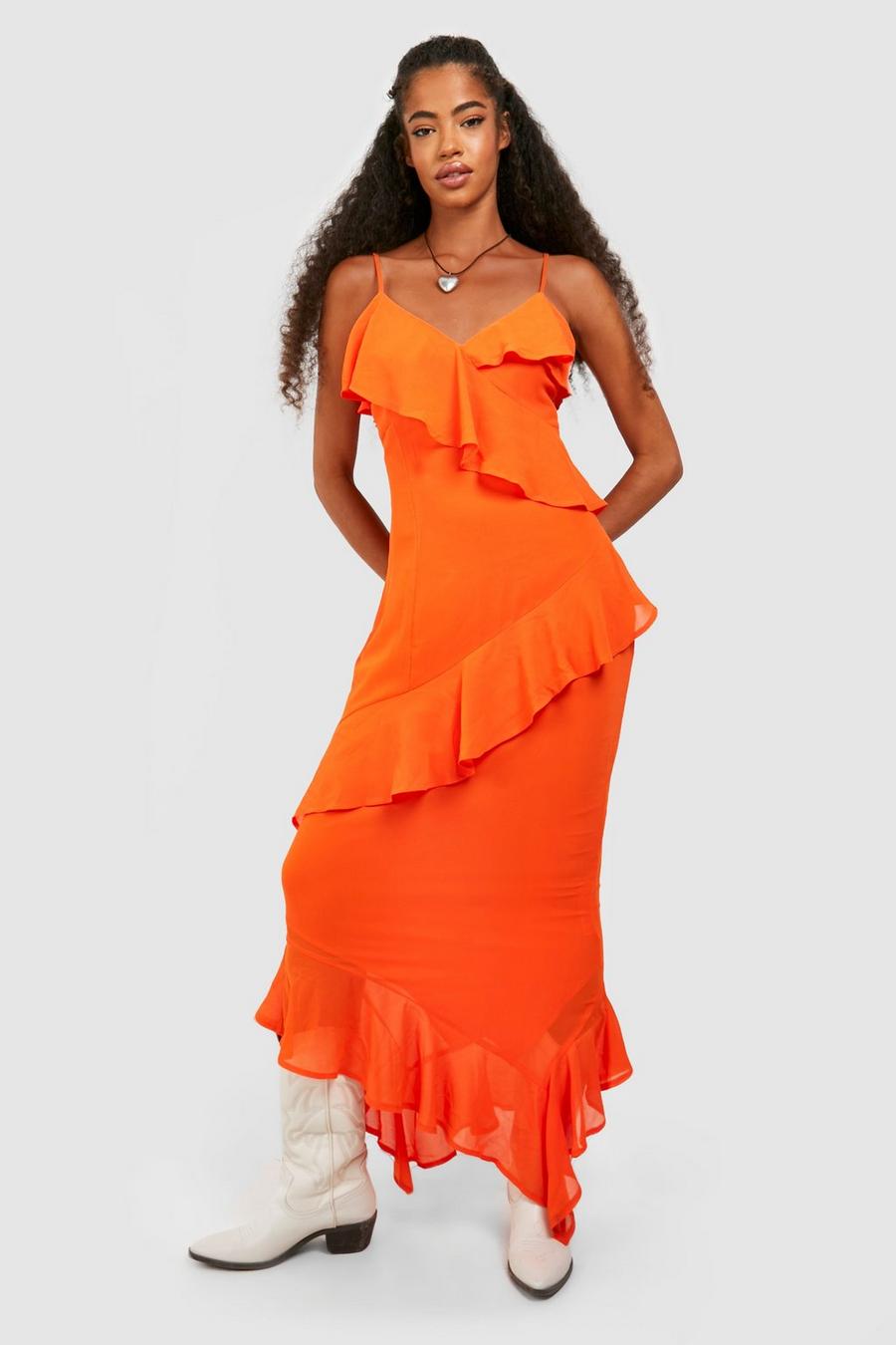Orange Långklänning med volanger image number 1