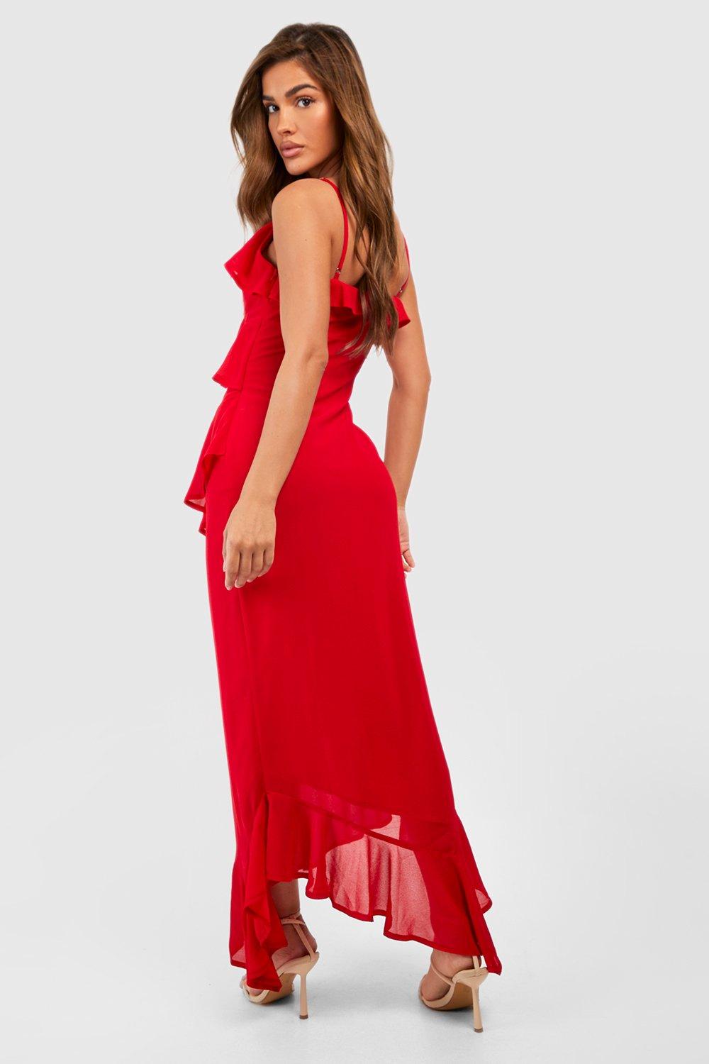 Boohoo red ruffle store dress