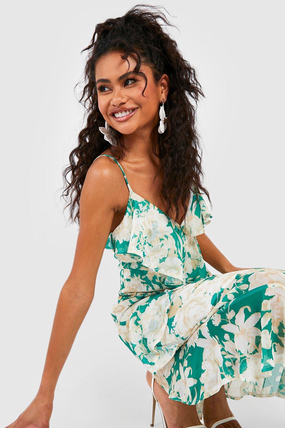 boohoo Womens Plus Floral Ruffle Wrap Dress - Green 12