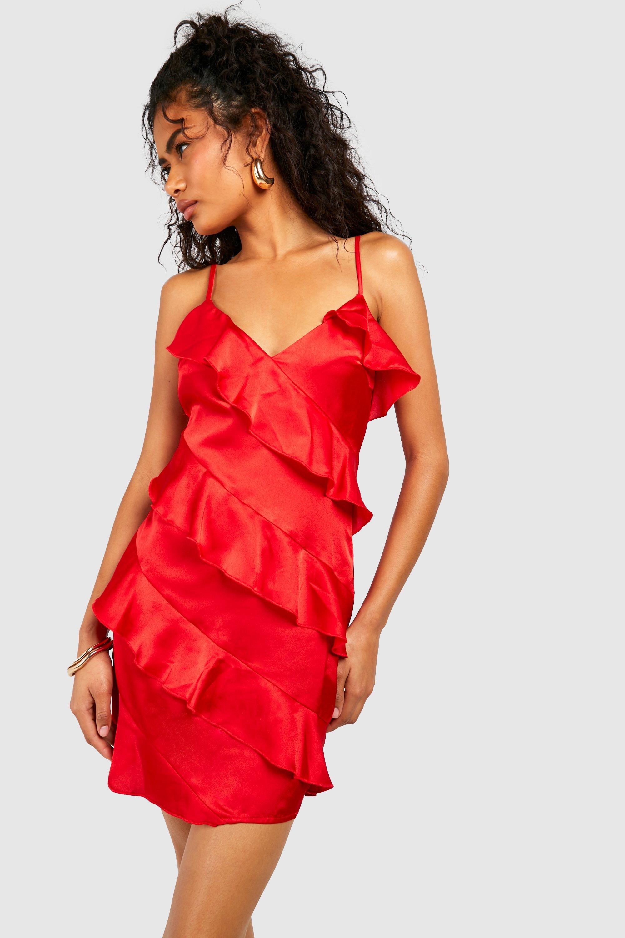 Boohoo red 2025 ruffle dress