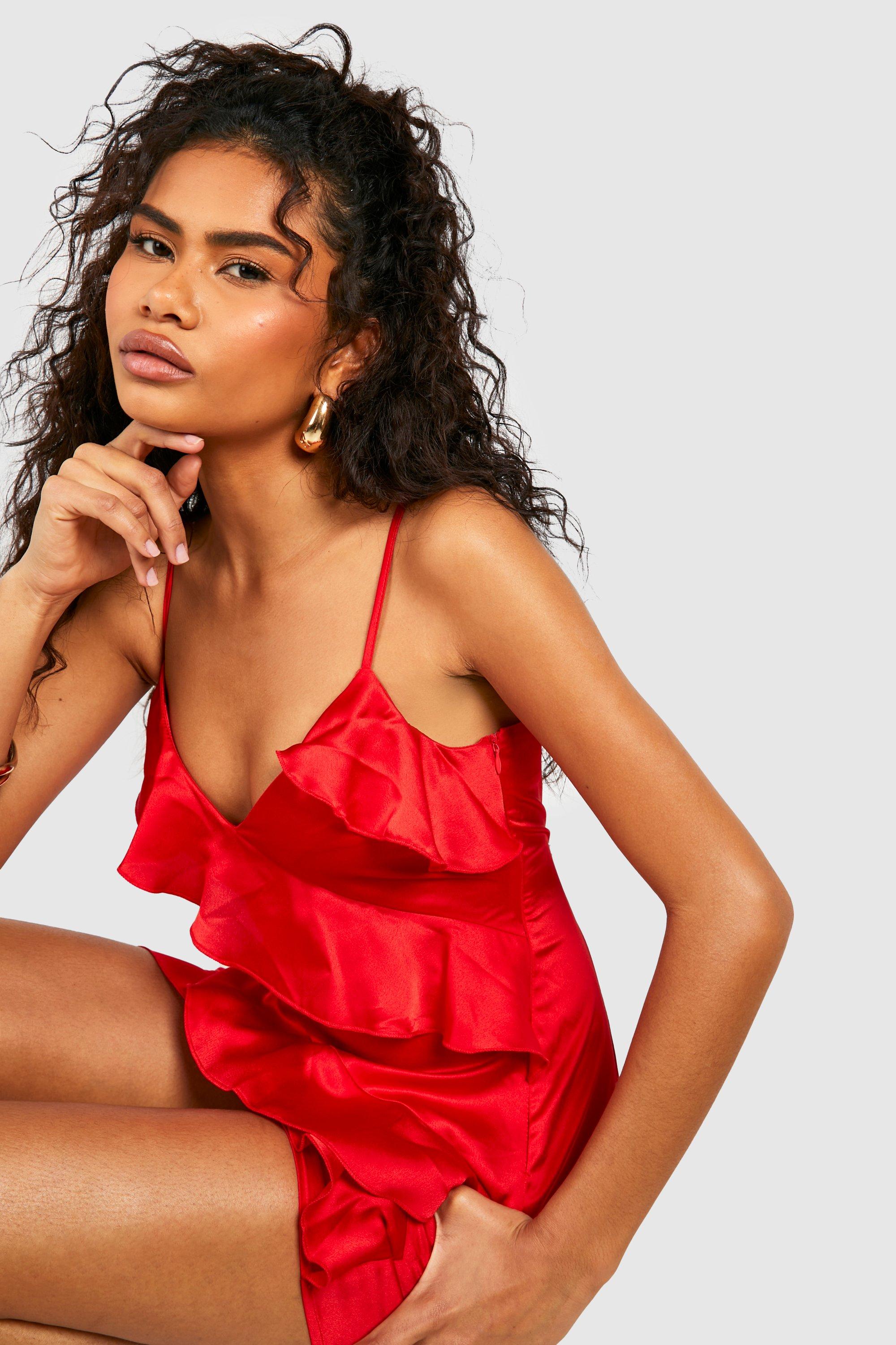 Boohoo red best sale frill dress