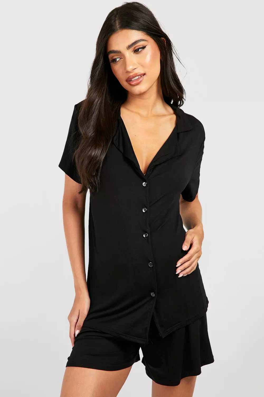 Black Maternity Button Down Short Pj Set صورة بديلة